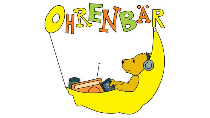 OHRENBÄR-Logo: ein Bär in der Mondsichel-Hängematte, er hört, darüber der Schriftzug OHRENBÄR (Quelle: rbb)