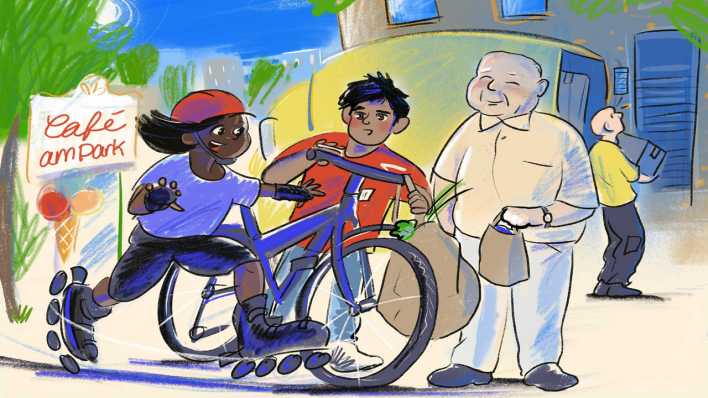Bunte Zeichnung: Lilly mit Helm und Rollerblades rast an Amir mit seinem Fahrrad und dem lächelnden Opa Silber vorbei (rbb/OHRENBAER/Stephanie Brittnacher)