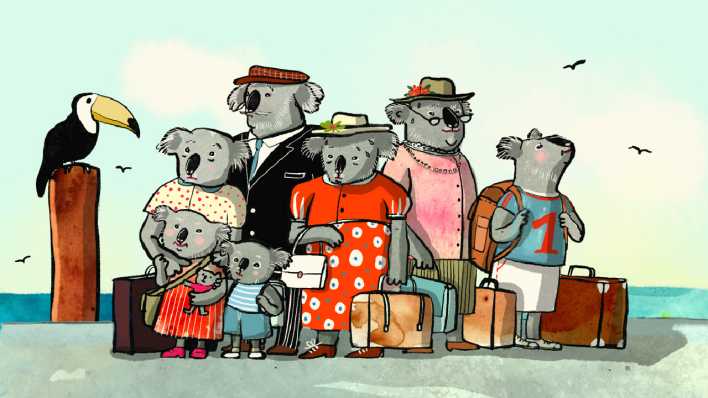 Bunte Zeichnung: eine Koalabären-Familie mit bunter Kleidung und Gepäck, am Strand (Quelle: rbb/OHRENBÄR/Maja Bohn)
