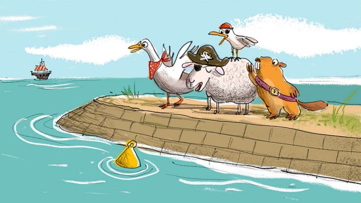 Bunte Zeichnung: Graugans, Schaf, Lachmöwe und Murmeltier auf einem Deich, im Hintergrund Meer und ein Schiff (Quelle: rbb/OHRENBÄR/Ariane Camus)