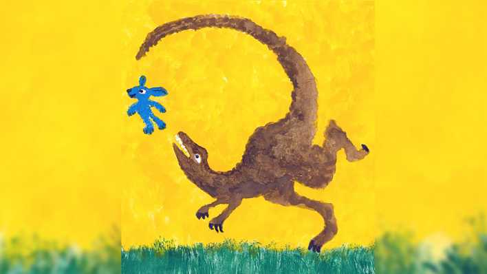 Bunte Zeichnung: ein brauner Dinosaurier jagt einen blauen Hase (Quelle: Karin Gähler)