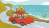 Bunte Zeichnung: ein rotes Auto auf einer Serpentinenstraße am Meer, vorn Mama und Papa, auf dem Rücksitz drei Kinder, auf dem Dach Urlaubsutensilien (Quelle: rbb/OHRENBÄR/Ariane Camus)