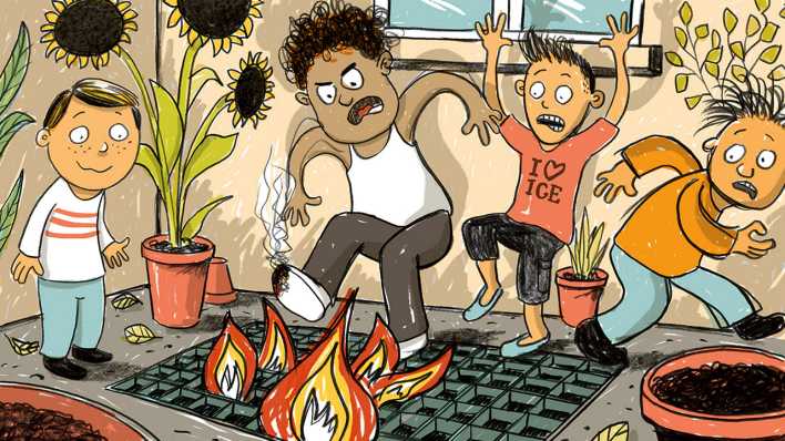 Bunte Zeichnung: aus einem Gitter steigen Flammen auf, ein Junge schaut lächelnd zu, weitere Personen reagieren erschrocken, versuchen zu löschen, erstarren ängstlich oder rennen weg (Quelle: rbb/OHRENBÄR/Horst Klein) Bunte Zeichnung: aus einem Gitter steigen Flammen auf, ein Junge schaut lächelnd zu, weitere Personen reagieren erschrocken, versuchen zu löschen, erstarren ängstlich oder rennen weg (Quelle: rbb/OHRENBÄR/Horst Klein)