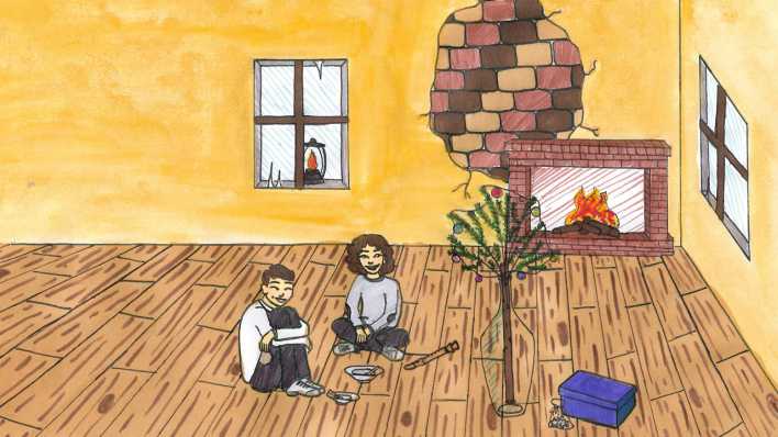 Bunte Zeichnung: zwei Kinder in einer gemütlichen Kammer, daneben ein Besenstiel als Weihnachtsbaum und ein Geschenkekarton (Quelle:rbb/OHRENBÄR/Frieda Sitzmann)