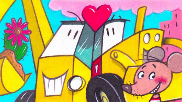 Bunte Zeichnung: eine Maus vor Bagger und Planierraupe, zwischen den Fahrzeugen ein rotes Herz (Quelle: rbb/OHRENBÄR/Karsten Teich)