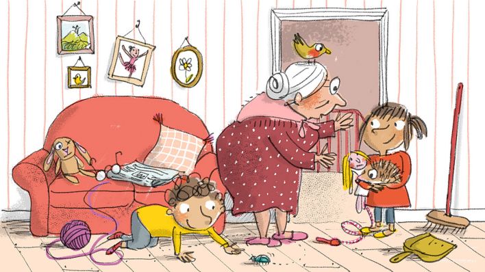 Bunte Zeichnung: Mia spricht mit einer älteren Frau, die Frau hat einen Vogel auf dem Kopf, Mia hält Igel und Puppe in den Händen (Quelle: rbb/OHRENBÄR/Ariane Camus)