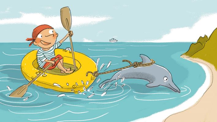 Buntes Zeichnung: ein Junge in einem gelben Schlauchboot, das von einem Sägefisch gezogen wird (Quelle: rbb/OHRENBÄR/Ariane Camus)