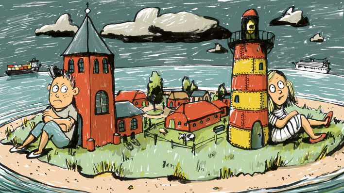 Bunte Zeichnung: ein Junge und ein Mädchen auf einer Insel, dunkle Wolken drumherum, sie lehnen an einer kleinen Kirche bzw. an einem kleinen Leuchtturm (Quelle: rbb/OHRENBÄR/Horst Klein) Bunte Zeichnung: ein Junge und ein Mädchen auf einer Insel, dunkle Wolken drumherum, sie lehnen an einer kleinen Kirche bzw. an einem kleinen Leuchtturm (Quelle: rbb/OHRENBÄR/Horst Klein)