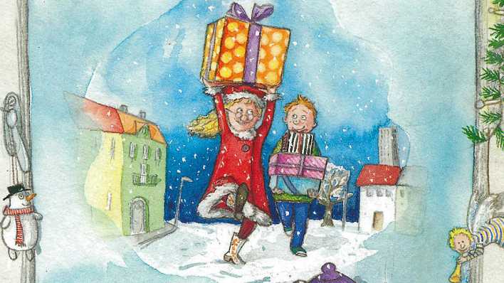 Bunte Zeichnung: Zwei Menschen laufen auf einer Straße durch den Schnee, sie tragen Weihnachtsgeschenke (Quelle: "Wenn das kein Weihnachten ist!", Boje Verlag)