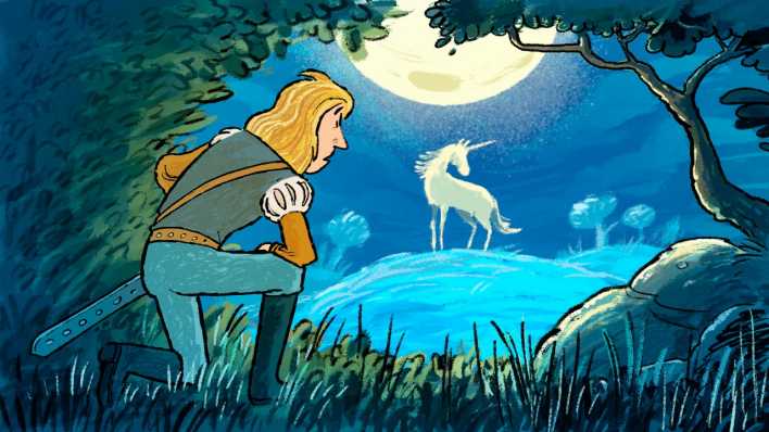 Bunte Zeichnung: ein Prinz beobachtet ein Einhorn, auf einer Waldlichtung, bei Vollmond (rbb/OHRENBÄR/Julian Meyer)