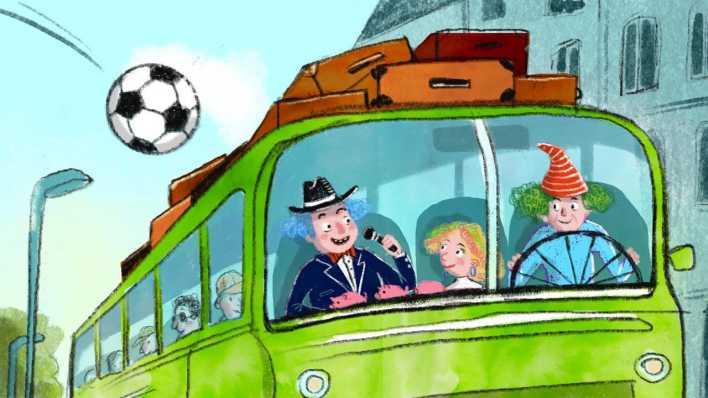 Bunte Zeichnung: ein großer, grüner Bus, vorn zwei Männer - einer am Lenkrad, der andere am Mikrofon - im Kostüm und ein Mädchen (Quelle: rbb/OHRENBÄR/Maja Bohn)