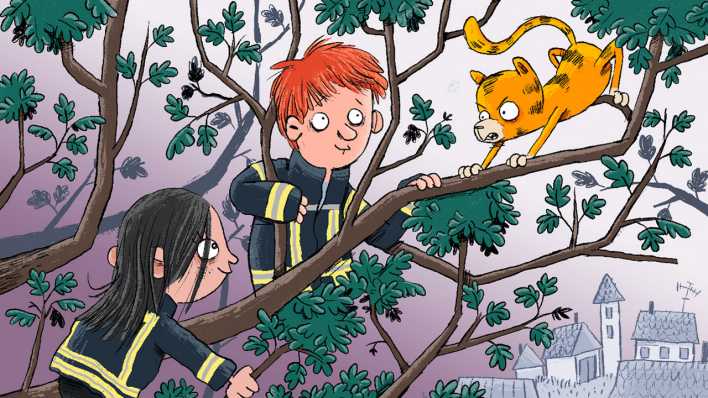 Bunte Zeichnung: ein Mächen und ein Junge auf einem Baum, sie tragen eine Feuerwehrjacke und retten eine Katze (Quelle: rbb/OHRENBÄR/Nikolai Renger)