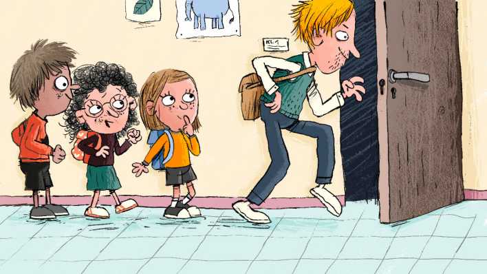 Bunte Zeichnung: ein Lehrer geht betont leise in den Klassenraum, gefolgt von Kindern (Quelle: rbb/OHRENBÄR/Nikolai Renger)