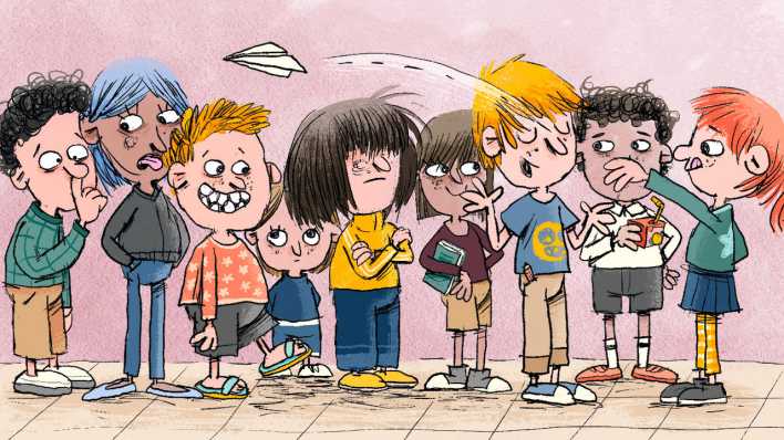 Bunte Zeichnung: Kinder stehen in einer Schlange, ein Mädchen wirft einen Papierflieger (Quelle: rbb/OHRENBÄR/Nikolai Renger) Bunte Zeichnung: Kinder stehen in einer Schlange, ein Mädchen wirft einen Papierflieger (Quelle: rbb/OHRENBÄR/Nikolai Renger)