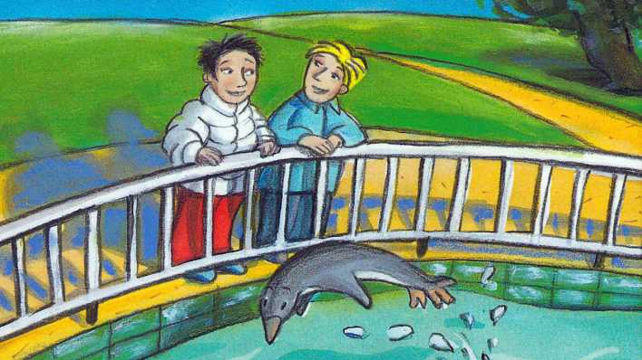 Bunte Zeichnung: zwei Jungen auf einer Brücke, ein Delfin springt aus dem Wasser (Quelle: Gesa Denecke)