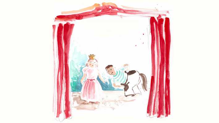 Zeichnung: Hinter einem roten Theatervorhang eine Prinzessin und ein Mann im Pferdekostüm (Quelle: Antje Rittermann)