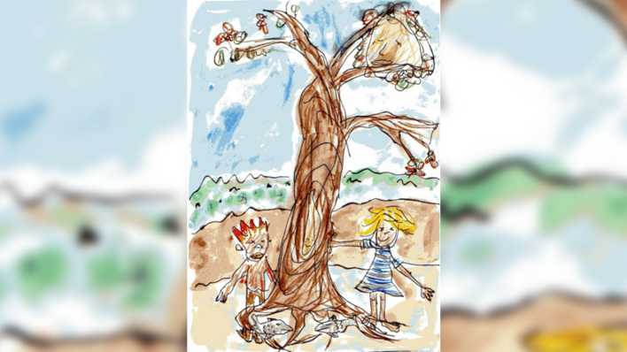 Zeichnung der Autorin: Anna und der kleine Waldgeist tanzen mit Fischen um einen Baum. (Quelle: Karen Matting)