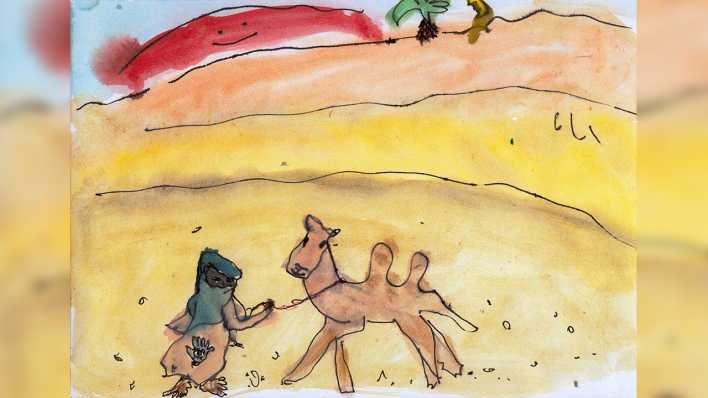Zeichnung der Autorin: der Junge Samir mit einem Kamel in der Wüste, darüber die lachende rote Sonne (Quelle: Karen Matting)