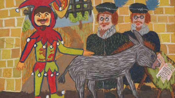 Zeichnung: der lesende Esel Erasmus mit Till Eulenspiegel und zwei Ratsherren (Quelle: Ingrid Annel)