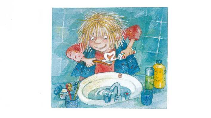 Zeichnung: Nele im Bad vor dem Waschbecken, sie drückt die Zahnpastatube und es entsteht ein weißes Herz (Quelle: Deutsche Grammophon/Jutta Timm)