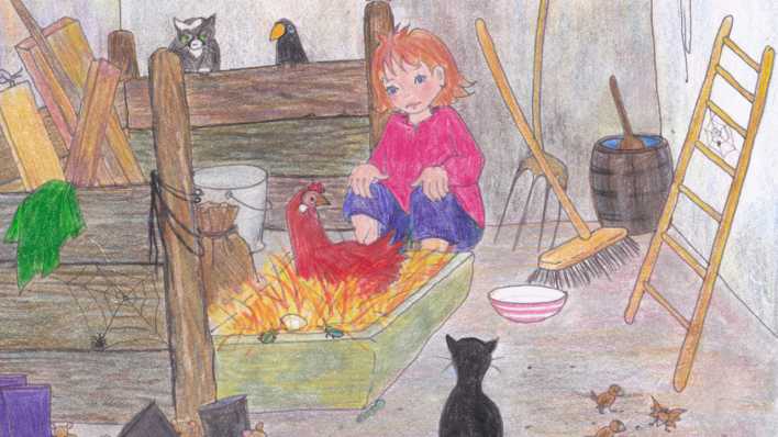 Bunte Zeichnung, Mädchen in einem Stall mit Tieren sitzt vor einem roten Huhn (Quelle: Charlotte Rieger)