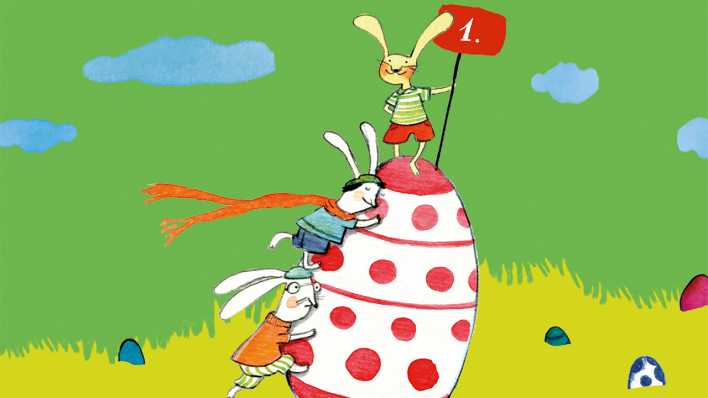 Zeichnung: drei Hasen klettern auf ein bemaltes Osterei, oben hält ein Hase ein Schild mit "1." (Quelle: DAV/Sybille Hein)