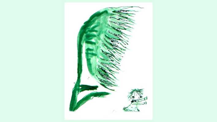 Zeichnung der Autorin: ein kleiner grüner Junge flieht vor einer großen grünen Blüte (Quelle: Karen Matting)