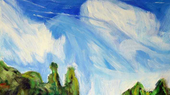Ausschnitt eines Gemäldes mit Himmel, Wolken und Baumkronen (Quelle: rbb/OHRENBÄR/Sonja Kessen)