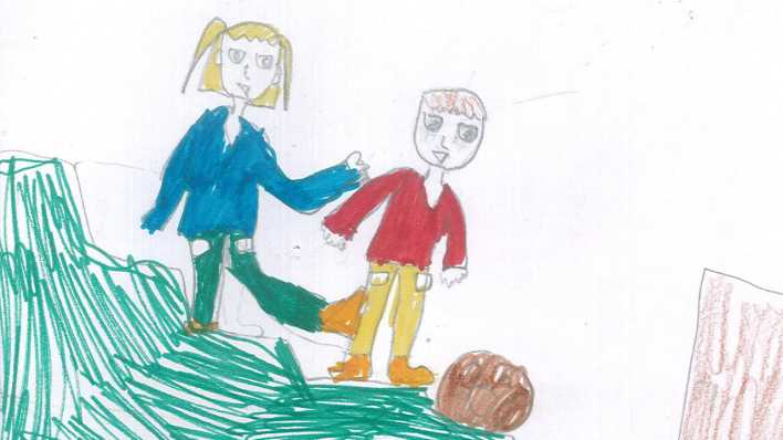 Bunte Kinderzeichnung: Junge und Mädchen mit einem Ball auf einem grünen Rasen (Quelle: rbb/OHRENBÄR)