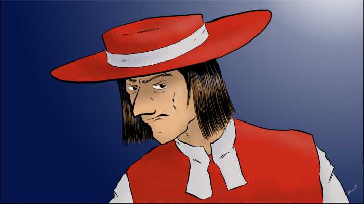 Zeichnung vom Sprecher der OHRENBÄR-Radiogeschichte, Boris Aljinovic: Der finstere Godehart mit rotem Hut, weißem Hemd und roter Weste (Quelle: Boris Aljinovic)