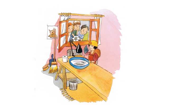 Zeichnung: Drei Kinder mit Ball schauen zum Fenster rein, drinnen am Tisch sitzt Horst mit einem gelben Helm, vor ihm eine Schüssel (Quelle: Ellermann Verlag/Iris Hardt)