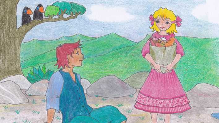 Zeichnung: ein Junge hockt vor einem Mädchen, im Hintergrund eine Berglandschaft (Quelle: Charlotte Rieger)