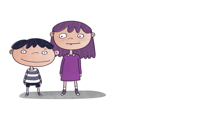 Zeichnung: Ein Junge und ein größeres Mädchen stehen nebeneinander und lächeln (Quelle: rbb/OHRENBÄR/Geka Pahnke)