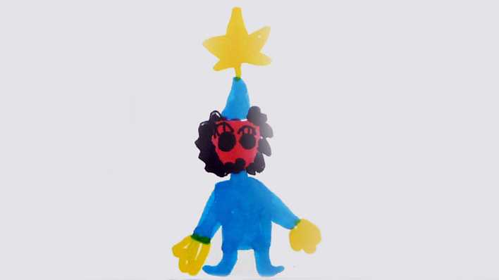 Ausschnitt aus einer Kinderzeichnung: ein kleiner Mann in blau mit einem goldenen Stern auf seiner blauen Mütze (Quelle: rbb/OHRENBÄR/Lieven)