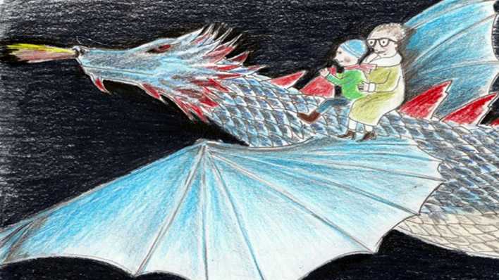 Zeichnung: eine Oma mit Brille und ein Junge mit blauer Mütze fliegen mit einem Drachen (Quelle: Antje Rittermann)