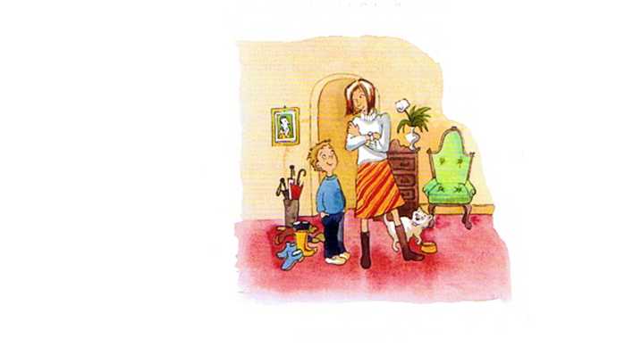Zeichnung: der kleine Junge mit Mama und Katze im Wohnzimmer (Quelle: Ellermann Verlag/Iris Hardt)