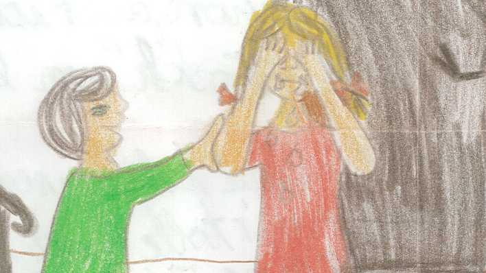 Bunte Kinderzeichnung: ein Junge und ein Mädchen streiten sich, das Mädchen hält die Hände vor das Gesicht und weint (Quelle: rbb/OHRENBÄR)
