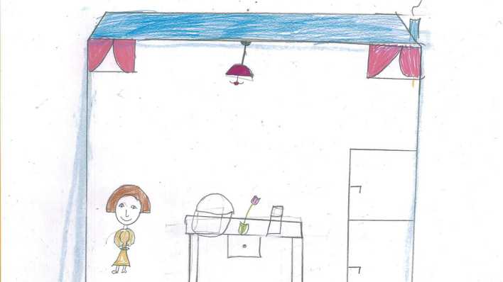 Kinderzeichnung: Blick in ein Zimmer, darin eine Frau in der Küche (Quelle: rbb/OHRENBÄR)