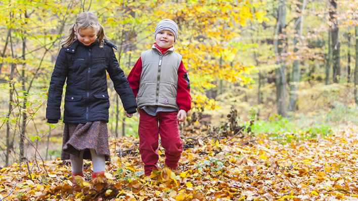 Ein Mädchen und ein Junge spazieren durch den Herbstwald, treten in das auf dem Boden liegende Laub (Quelle: imago/Hanke)