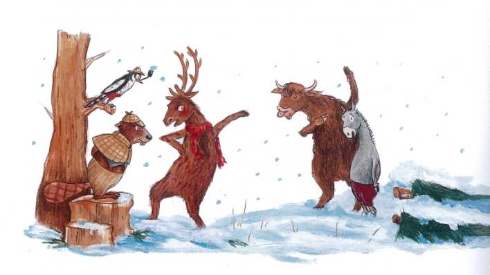 Zeichnung: Biber und Specht sind am Baum und Hirsch, Ochse und Esel kommen auf sie zu (Quelle: Ellermann Verlag/Barbara Korthues)