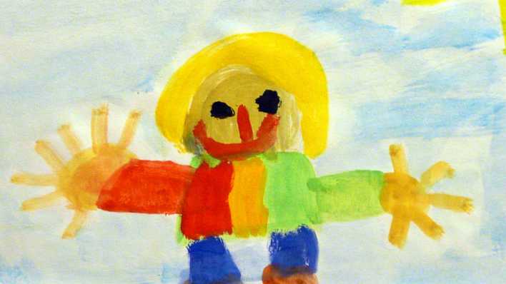 Bunte Kinderzeichnung: ein blonder Mann mit bunt gestreiftem Pullover und riesigen Händen (Quelle: rbb/OHRENBÄR)