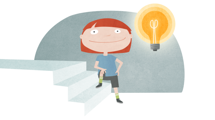 Zeichnung, ein Mädchen mit einem Bein seitlich auf einem Treppenabsatz, neben ihr leuchtet eine Glühlampe auf (Quelle: rbb/OHRENBÄR/Geka Pahnke)