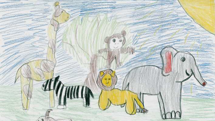Bunte Kinderzeichnung mit afrikanischen Tieren, Löwe, Zebra, Elefant, Affe (Quelle: rbb/OHRENBÄR)