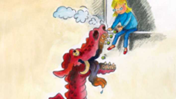 Zeichnung: Josefine sitzt auf einem Fensterbrett, vor ihr ein freundlicher Drache, der aus der Nase qualmt (Quelle: emporos Verlag/Wiebke Gebers)