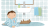 Ein Kind im Schlafanzug, sitzt im Bad vor Spiegel und Waschbecken, Zahnbürste in der Hand, ein brauner Hocker liegt umgekippt daneben (Quelle: rbb/OHRENBÄR/Geka Pahnke)