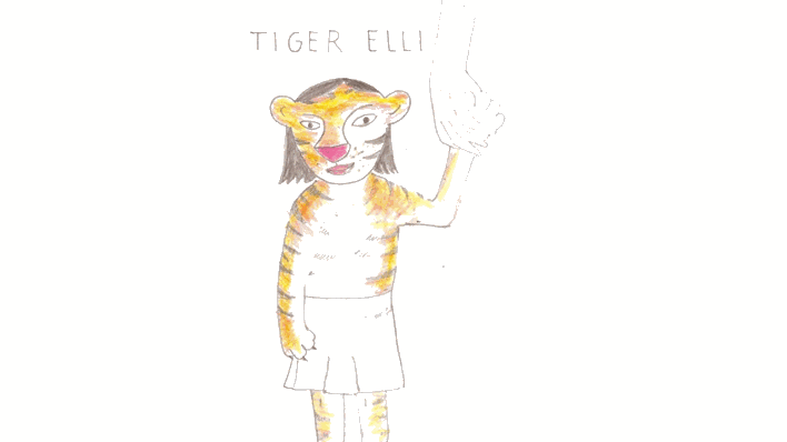 Zeichnung, ein Mädchen im Tigerkostüm greift eine große Hand (Quelle: Antje Rittermann)