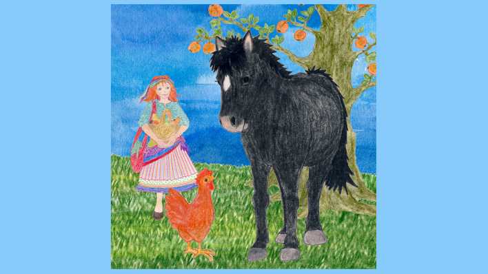 Zeichnung: ein großes, schwarzes Pferd vor einem Apfelbaum, daneben ein Mädchen mit Korb und Tasche, davor ein roter Hahn (Quelle: Charlotte Rieger)