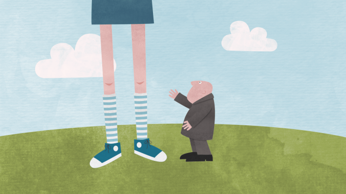 Zeichnung: ein älterer Herr spricht mit einem Jungen, der viel größer ist und von dem nur die Füße zu sehen sind (Quelle: rbb/OHRENBÄR/Geka Pahnke)
