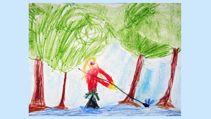 Kinderzeichnung: ein Fluss und am Rande Bäume und ein Mädchen im roten Pullover mit Angel (Quelle: Nikolas Nink)