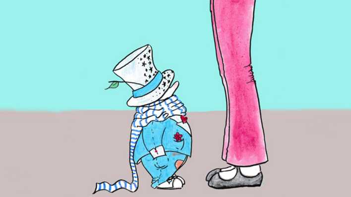 Zeichnung: ein kleiner Mann in blau steht vor einem großen Mädchen (es sind nur die Beine zu sehen) mit roter Hose (Quelle: Lara Kornblum)